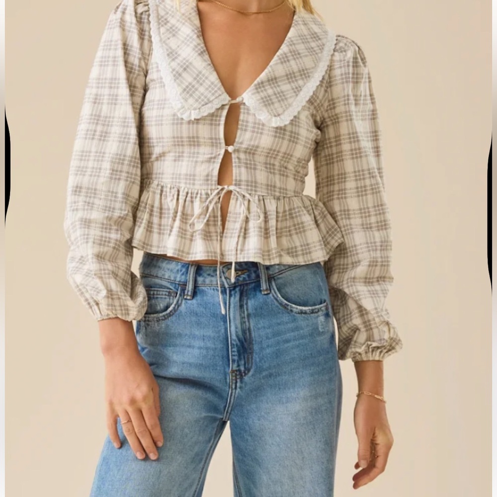 Altar’d State Raya Plaid Beige Women's Top with Lace Collar